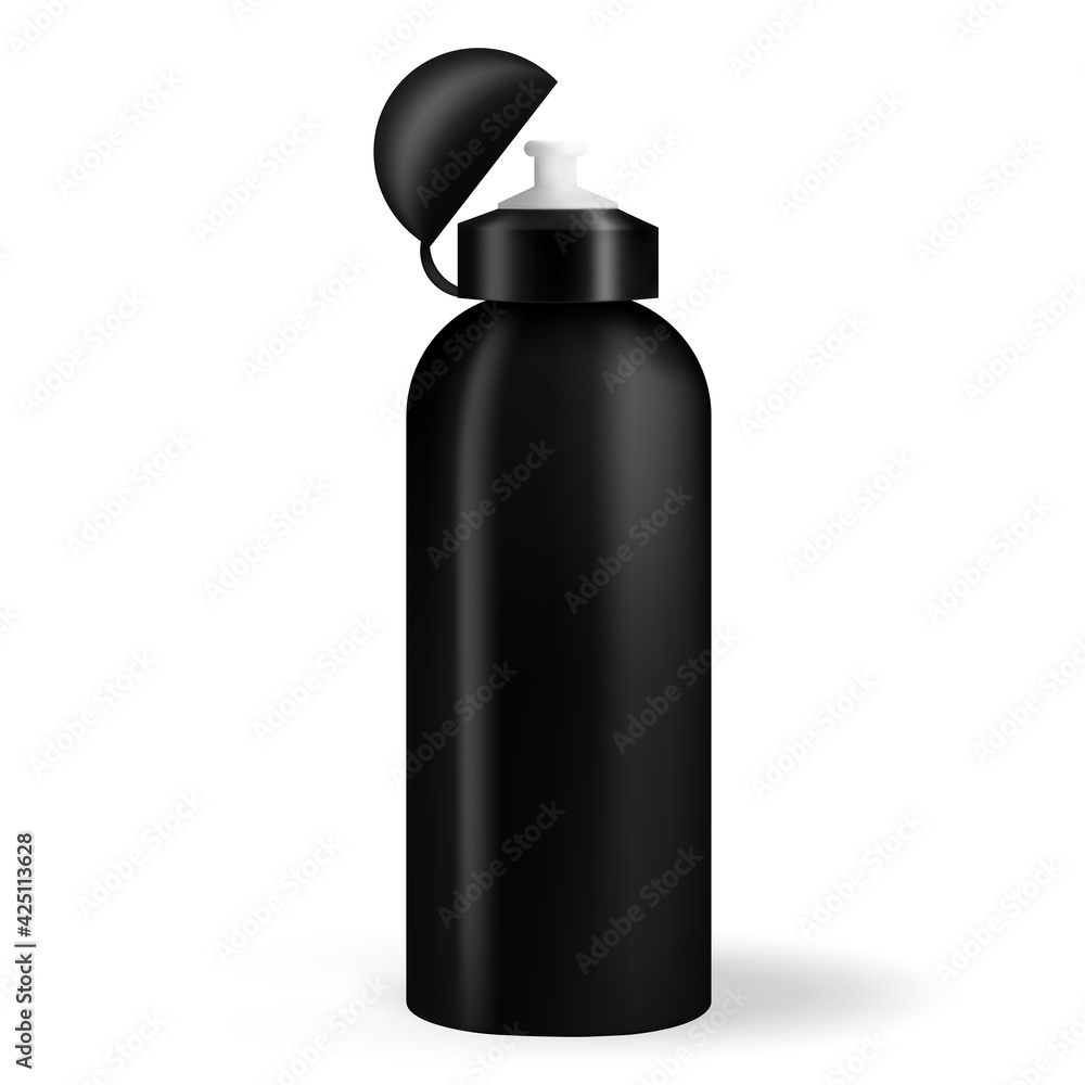 Water Bottle white, Silver and Black Empty Glossy Metal Reusable Water Bottle. Illustration of container water for sport bike and fitness. Vector realistic 3d. Water Bottle white, Silver and Black Empty Glossy Metal Reusable Water Bottle. Illustration of container water for sport bike and fitness. Vector realistic 3d.