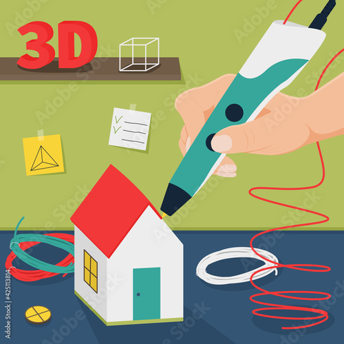 Creation of a 3D model using a 3D pen. A man holds a 3D pen in his hand and makes a volumetric house.