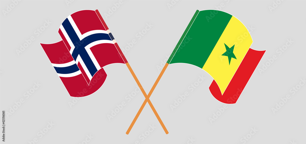 Crossed and waving flags of Norway and Senegal Crossed and waving flags of Norway and Senegal