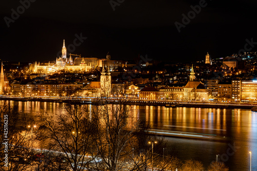 Budapest, Hungary at night view on Danube river. Buda castle