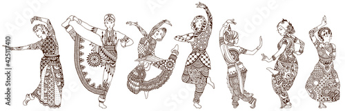 Dancers on a white background. Set of ornate oriental girls drawn in mehndi style.