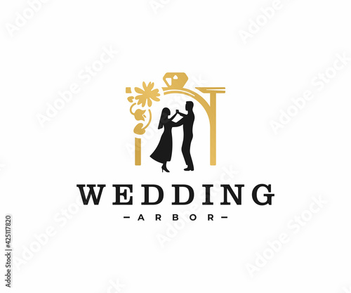 Wedding arbor decorations logo design. Romantic bride and groom dance vector design. Bridal ceremony logotype