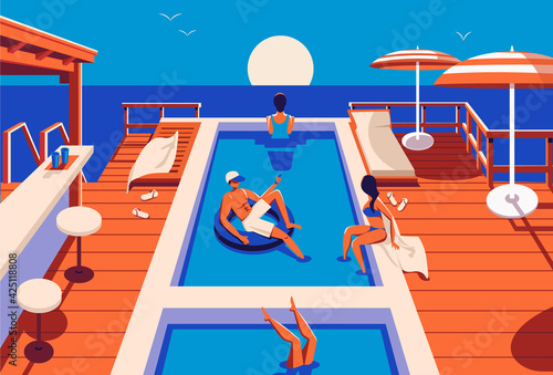 Swimming pool in the hotel with people, bar, sun beds and umbrellas.