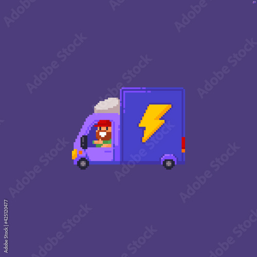 Pixel art delivery car with lightning symbol on it and happy driver