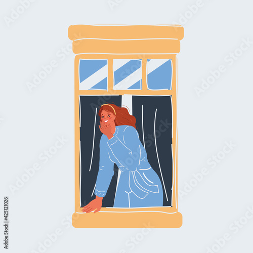 Vector illustration of Woman looking out her window on white backround.