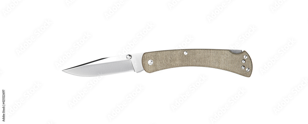 Pocket folding knife isolate on white back. Compact metal sharp knife with a folding blade. Pocket folding knife isolate on white back. Compact metal sharp knife with a folding blade.