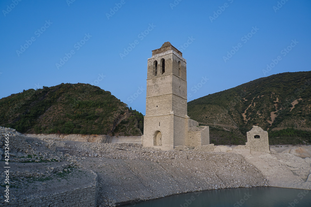 Abandoned and submerged church in the town of Mediano, in the Aragonese Pyrenees, located in Huesca, Spain.