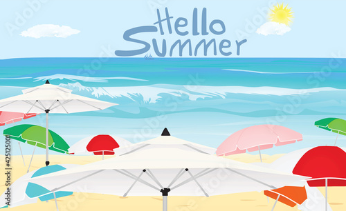 Sun umbrellas in beach. Hello summer card. vector