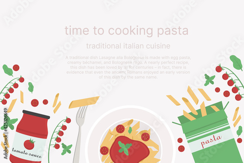 Background for a pasta recipe with a picture of a plate and a fork with pasta. Cooking pasta using cherry tomatoes, tomato sauce.