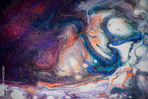 Texture in the style of fluid art. Abstract background with swirling paint effect. Liquid acrylic paint background. lilac, blue, white and red colors.