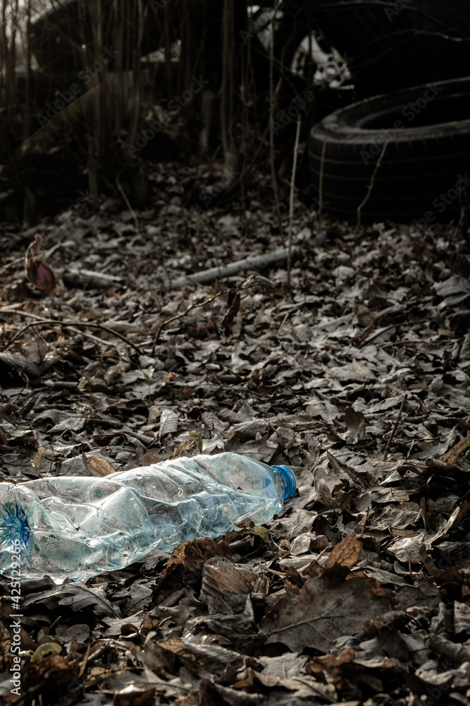 Fototapeta premium Ecology background. Plastic waste rubbish in forest, woodland. Garbage trash in environment. Empty used dirty bottles. Ecological problem.