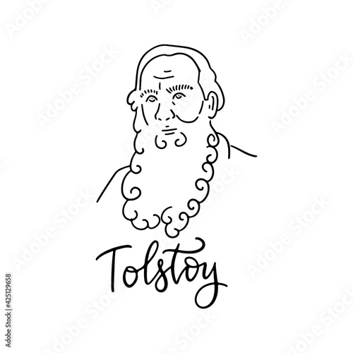 Lev Nikolayevich Tolstoy linear sketch portrait isolated on white background for prints, greeting cards and design elements. Vector hand drawn illustration with lettering text.