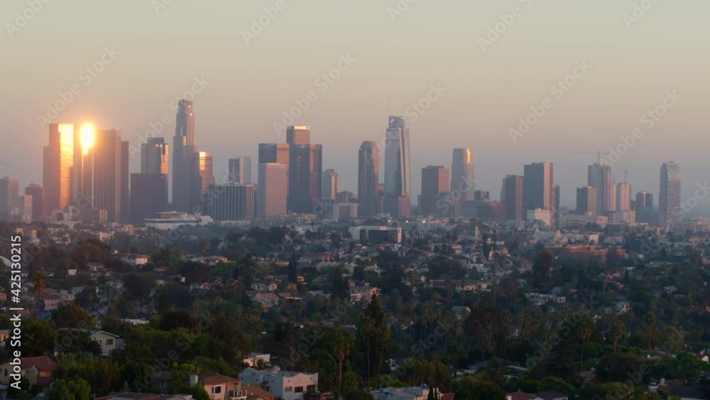 Aerial of cityscape and skyline at sunset Aerial of cityscape and skyline at sunset