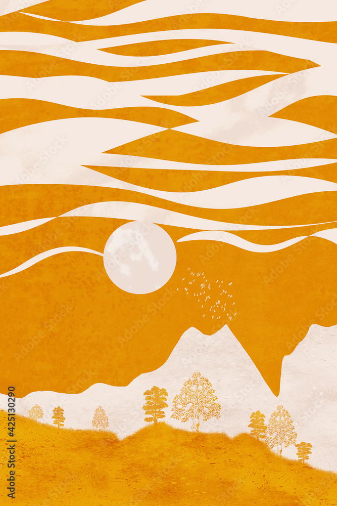 Orange valley with big trees, mountains and sun