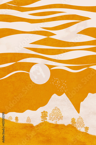 Obraz na płótnie Orange valley with big trees, mountains and sun w salonie