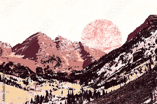 Landscape illustration of mountains and forest at sunset