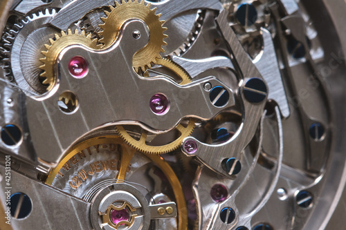 Skeleton watch. Antique clockwork, jewelry engraving. mechanical pocket watch close up, selective focus. High quality photo