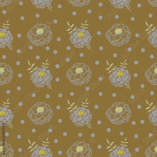 Vector light yellow and grey drawing an elegant seamless pattern with marigold plants, leaves, and flowers. Great for elegant themed fabric, wallpaper, packaging.