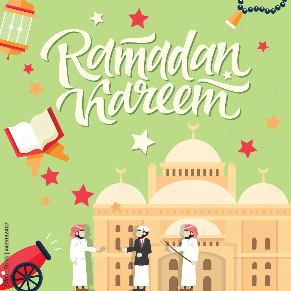 Vector - Islamic Ramadan Kareem greeting card with people, mosque and Islams shapes