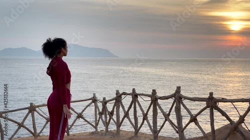 Freedom. Motivated young woman admiring the seascape while exercising, stretching at sunrise. Slow motion. Body positive, healthy lifestyle, nature concept. Copy space on the right side