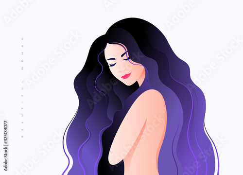 Beautiful woman half-turned face with long violet hair, Cute girl with blushing expression and closed eyes, Vector illustration of female model, Fashion and beauty.