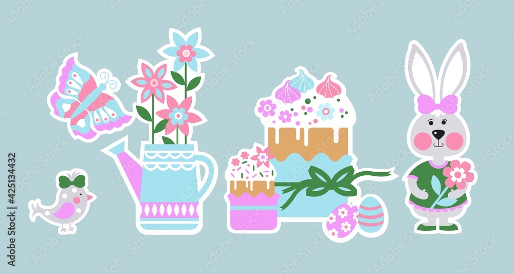 Easter holiday. Vector illustration. Festive set of stickers for Easter. Set of Easter cakes, rabbit, flowers, Easter eggs, butterfly and bird elements.
Easter holiday. Vector illustration. Festive set of stickers for Easter. Set of Easter cakes, rabbit, flowers, Easter eggs, butterfly and bird elements.