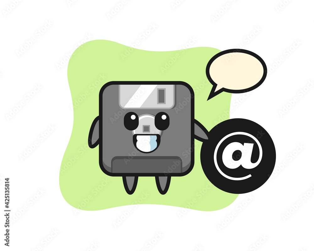 Cartoon Illustration of floppy disk standing beside the At symbol Cartoon Illustration of floppy disk standing beside the At symbol