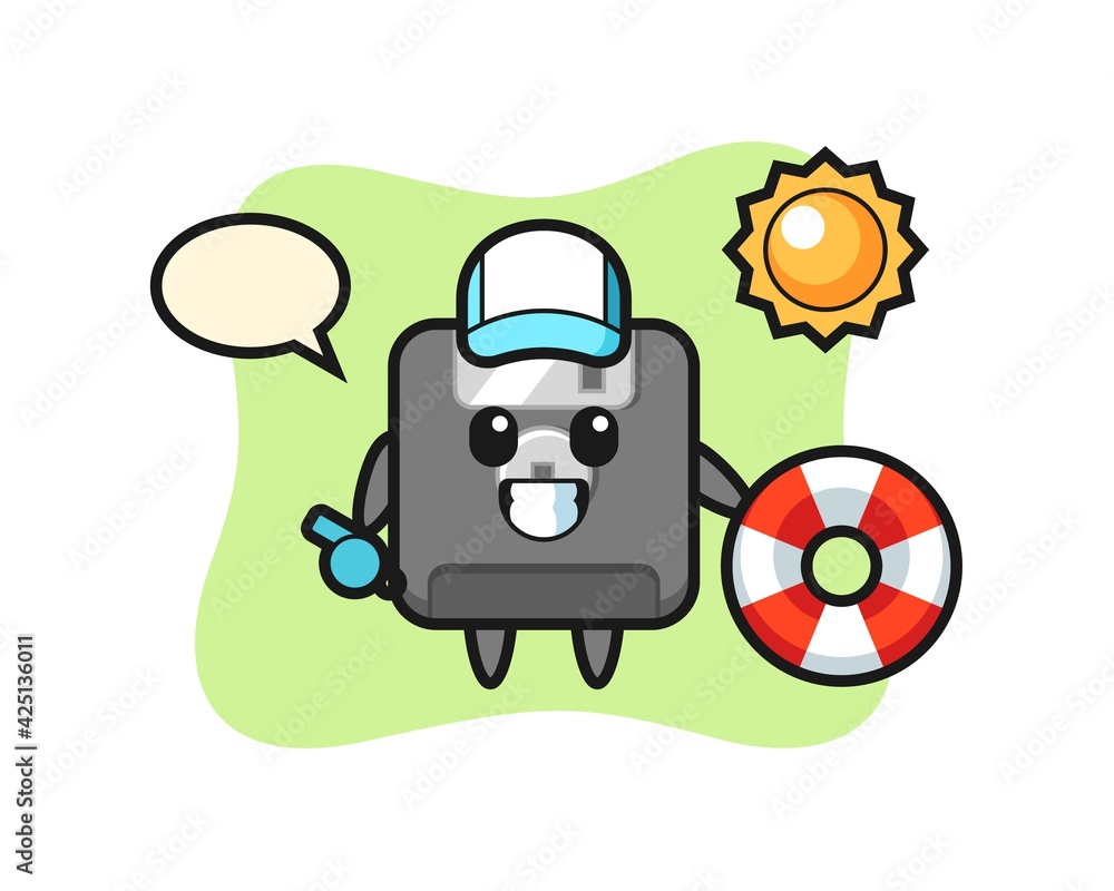 Cartoon mascot of floppy disk as a beach guard Cartoon mascot of floppy disk as a beach guard