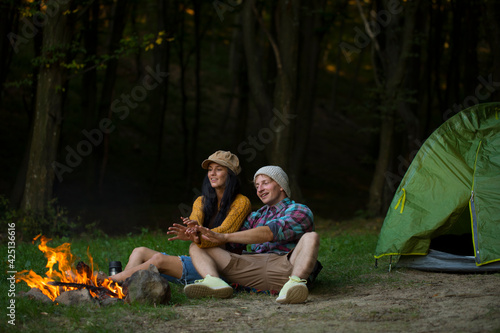 family camping in the woods. Camping couple. Forest. Love. 