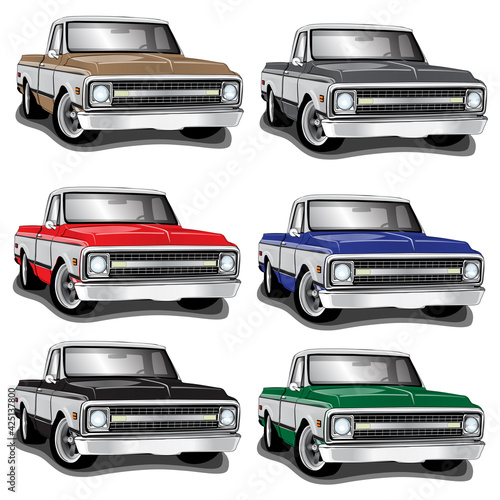 60s' Classic Pickup Truck Vector Illustrations Set of 6 different colors 