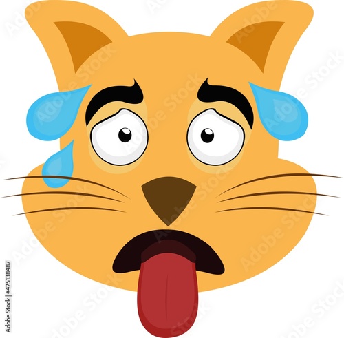Vector emoticon illustration of the face of an exhausted cartoon cat with its tongue out