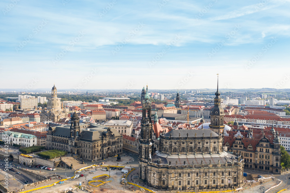 Aerial view of Catholic Cathedral of Dresden and the castle royal palace
