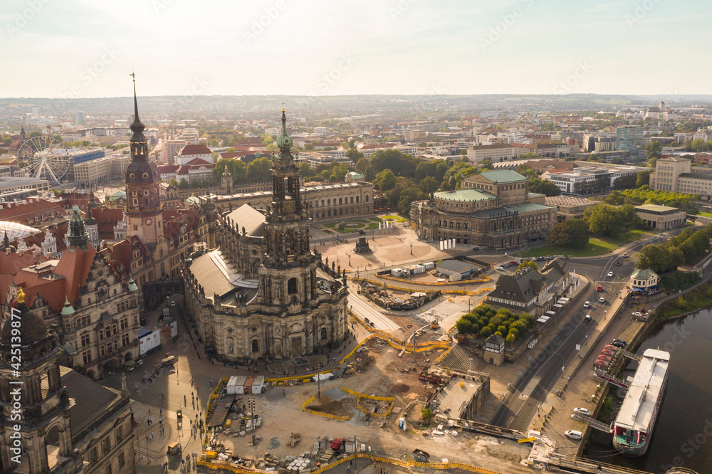 Aerial view of Theaterplatz with Siempra Opera and Catholic Cathedral of Dresden and the castle