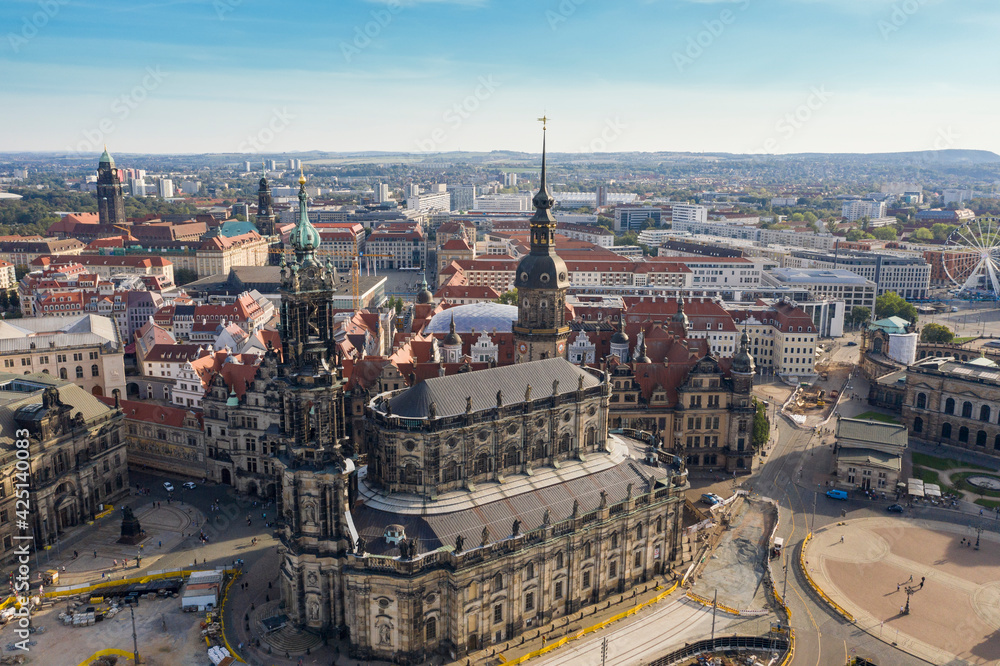 Aerial view of Catholic Cathedral of Dresden and the castle royal palace