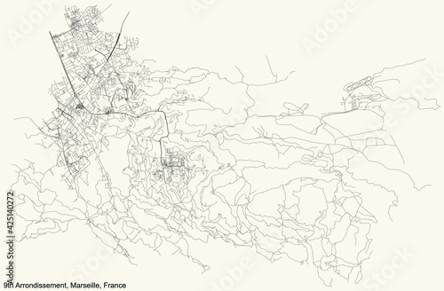 Black simple detailed street roads map on vintage beige background of the quarter 9th Arrondissement (Les Baumettes, Le Cabot, Carpiagne, Mazargues, La Panouse, Le Redon, Sainte-Marguerite, Sormiou, V