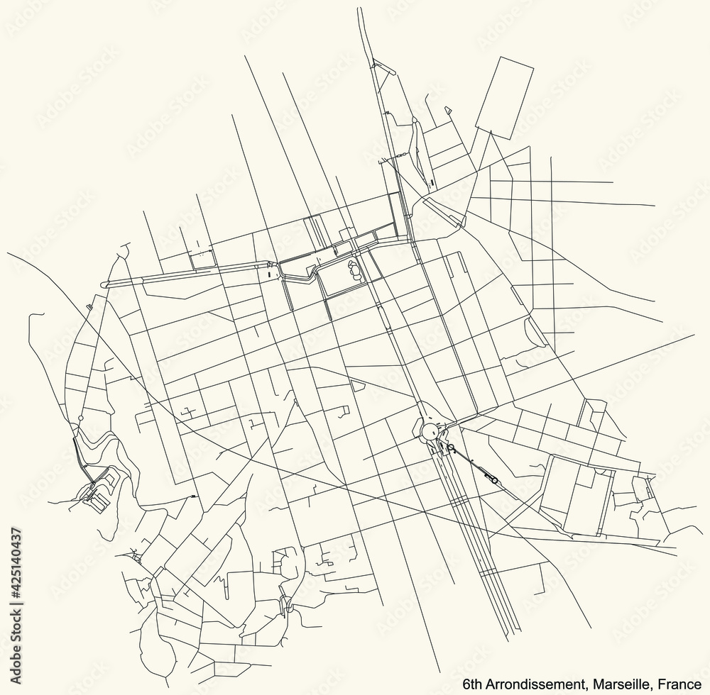 Black simple detailed street roads map on vintage beige background of the quarter 6th Arrondissement (Castellane, Lodi, Notre Dame du Mont, Palais de Justice, Préfecture, Vauban) of Marseille, France