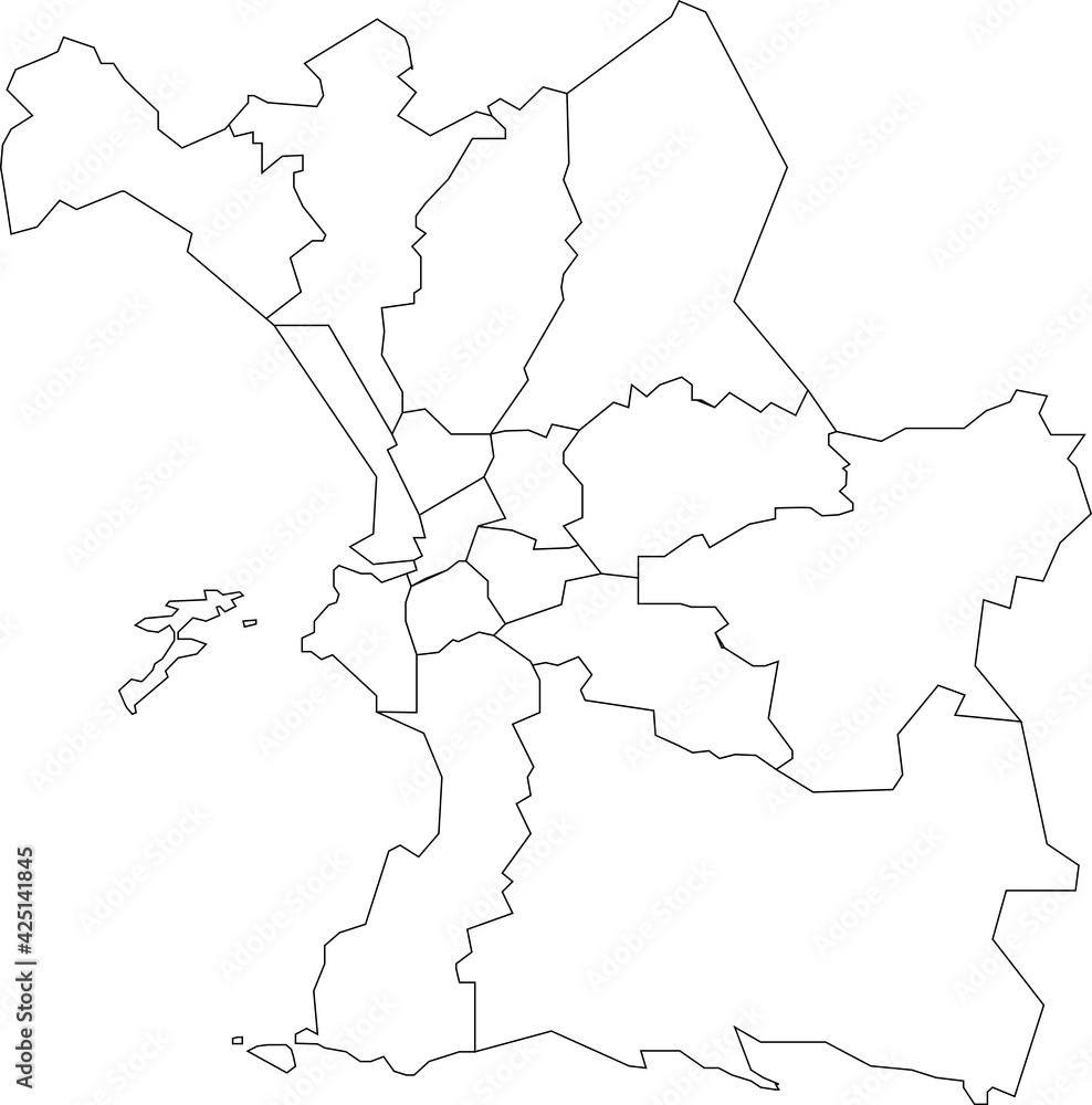 Simple white vector map with black borders of arrondissements of Marseille, France