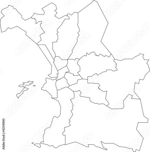 Simple white vector map with black borders of arrondissements of Marseille, France