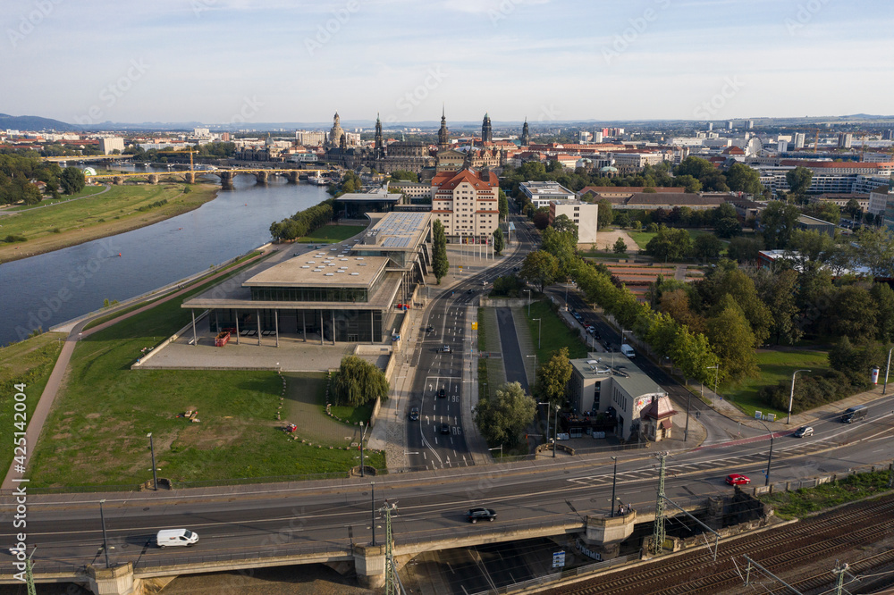View of International congress center in Dresden with the old town in the background