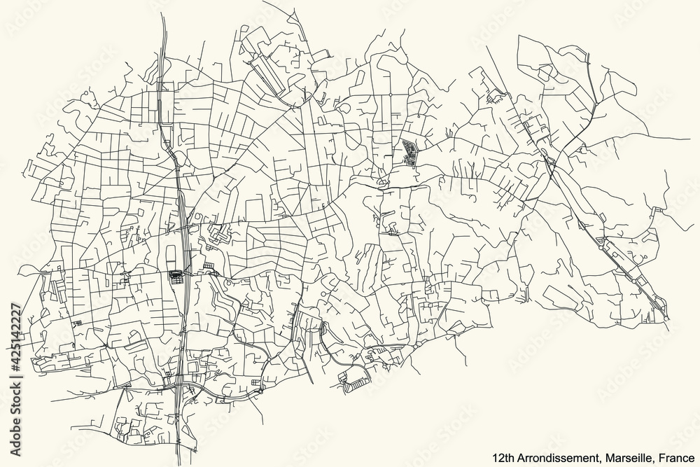 Black simple detailed street roads map on vintage beige background of the quarter 12th Arrondissement (Les Caillols, La Fourragère, Montolivet, Saint-Barnabé, Saint-Jean du Désert, Saint-Julien, Les T