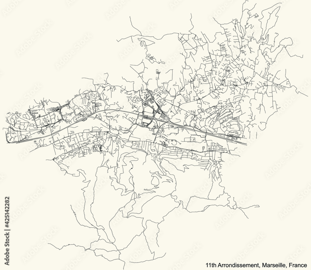 Black simple detailed street roads map on vintage beige background of the quarter 11th Arrondissement (	Les Accates, La Barasse, Les Camoins, Éoures, La Millière, La Pomme, Saint-Marcel, Saint-Menet, 