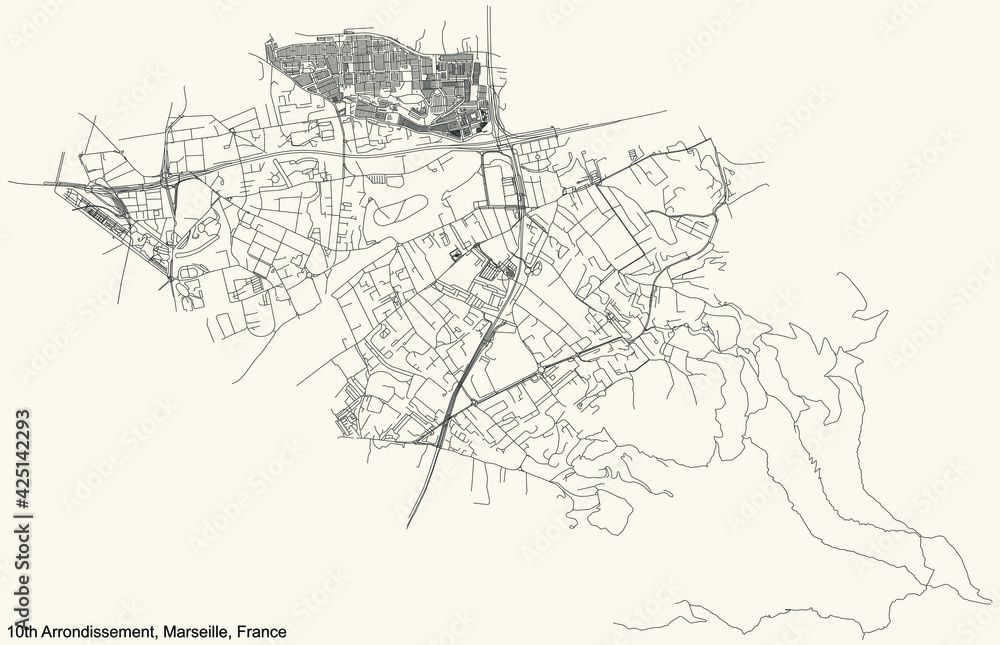 Black simple detailed street roads map on vintage beige background of the quarter 10th Arrondissement (La Capelette, Menpenti, Pont-de-Vivaux, Saint-Loup, Saint-Tronc, La Timone) of Marseille, France