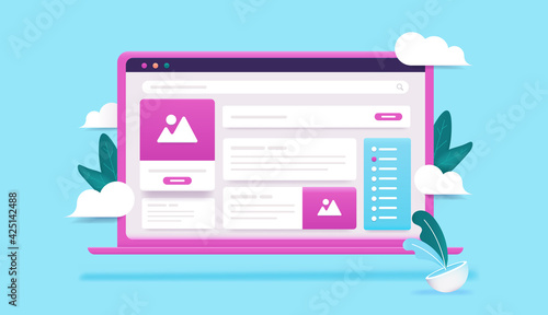 Computer with abstract website - Laptop in 3d vector style with user interface elements, text, buttons and images. Web design concept.