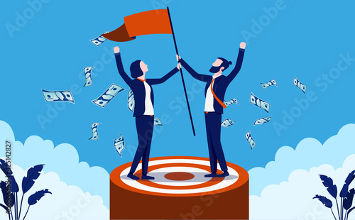 Business target met - Team of two businesspeople standing in bulls eye cheering with money flying in air. Celebrating goal achievement concept. Vector illustration.