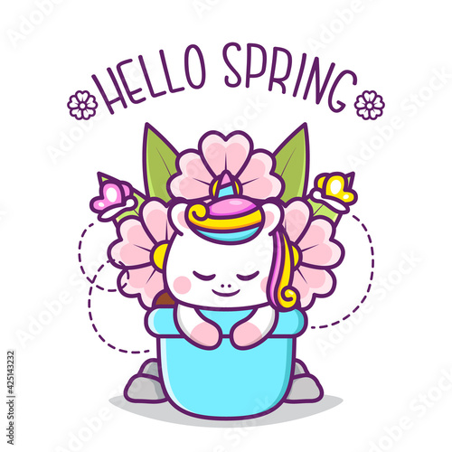 cute happy unicorn inside pot of flowers