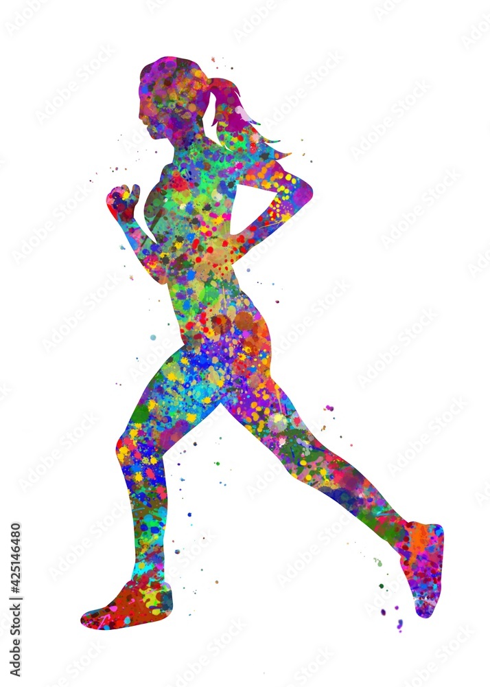 Runner female watercolor art, abstract painting. sport art print, watercolor illustration rainbow, colorful, decoration wall art.
