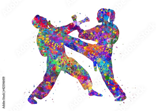 Taekwondo fight  watercolor art, abstract painting. sport art print, watercolor illustration rainbow, colorful, decoration wall art. © Yahya Art