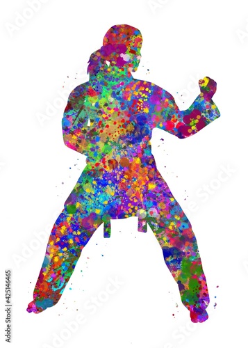 Taekwondo female watercolor art, abstract painting. sport art print, watercolor illustration rainbow, colorful, decoration wall art. © Yahya Art