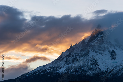 World famous mountain peaks, traveling in Torres del Paine National Park, Chile, South America. Beautiful natural scenery.