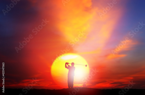  Golfing game.silhouette of golfers hit sweeping and keep golf course in the summer for relax time.